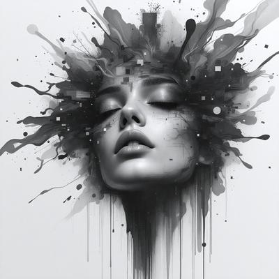The primary subject of the image is a woman's face, which is the main focus of the image. The setting is a black and white background, giving the image a classic and timeless feel. The visual style is a combination of digital art and illustration, creating a unique and artistic representation of the woman's face. The colors and mood of the image are predominantly black and white, with a touch of gray, giving it a dramatic and moody atmosphere.